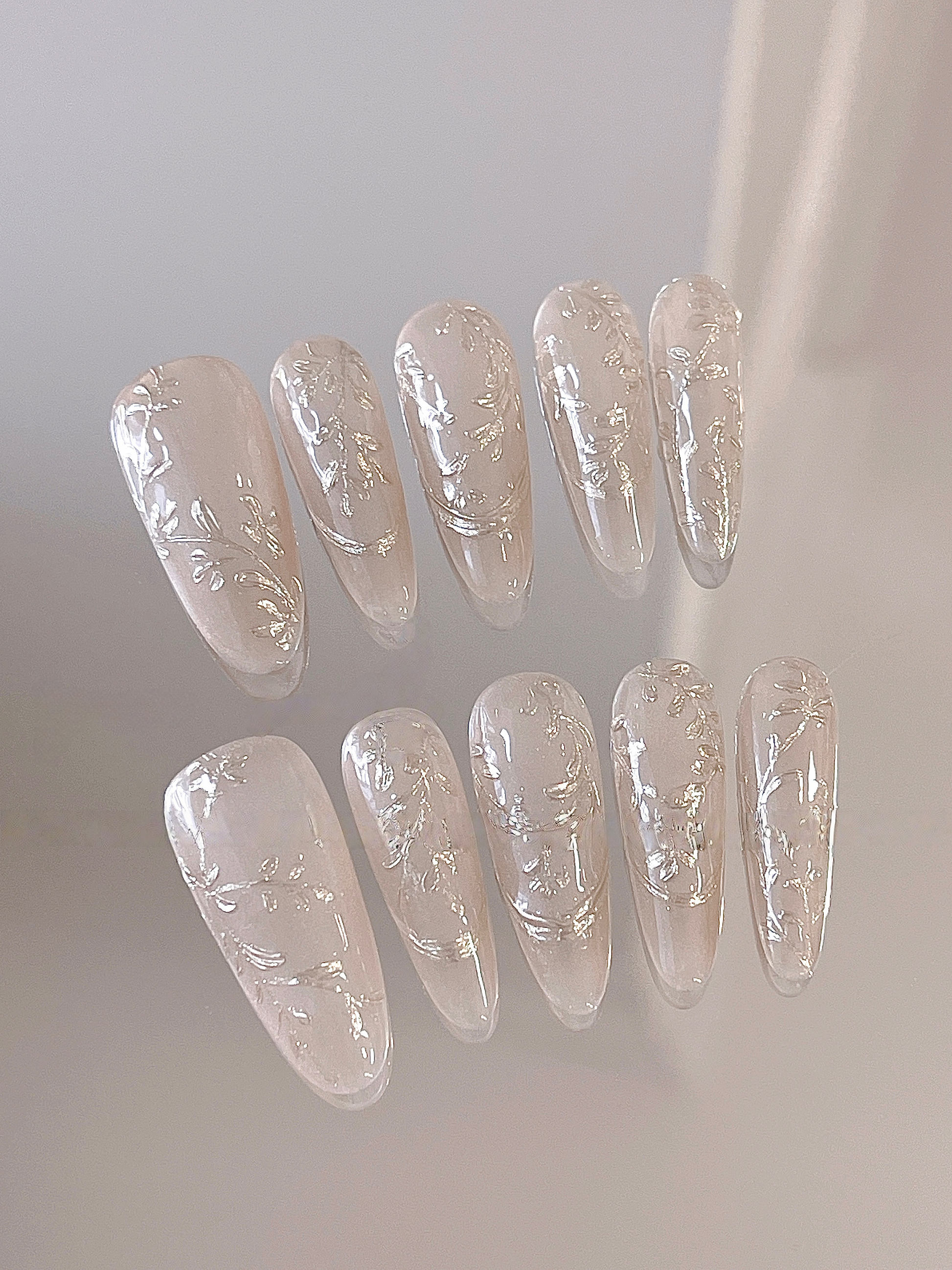 Nude Cat-Eye Pink Bloom — Dimensional Flowers on Velvet Shimmer | Handmade Press-On Nails image 1