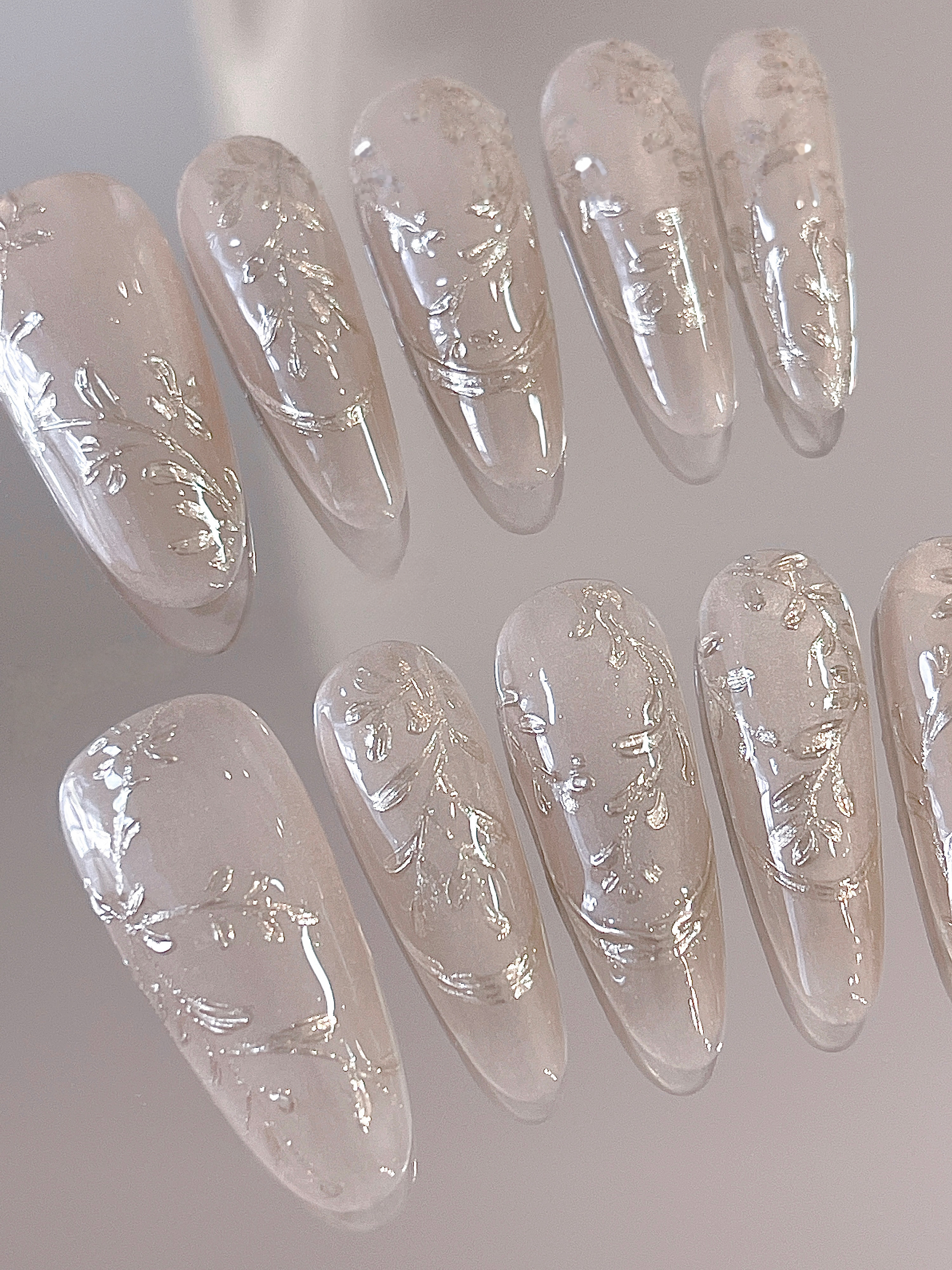Nude Cat-Eye Pink Bloom — Dimensional Flowers on Velvet Shimmer | Handmade Press-On Nails image 2