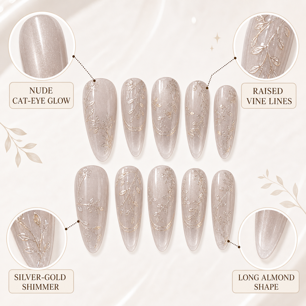 Nude Cat-Eye Pink Bloom — Dimensional Flowers on Velvet Shimmer | Handmade Press-On Nails image 5