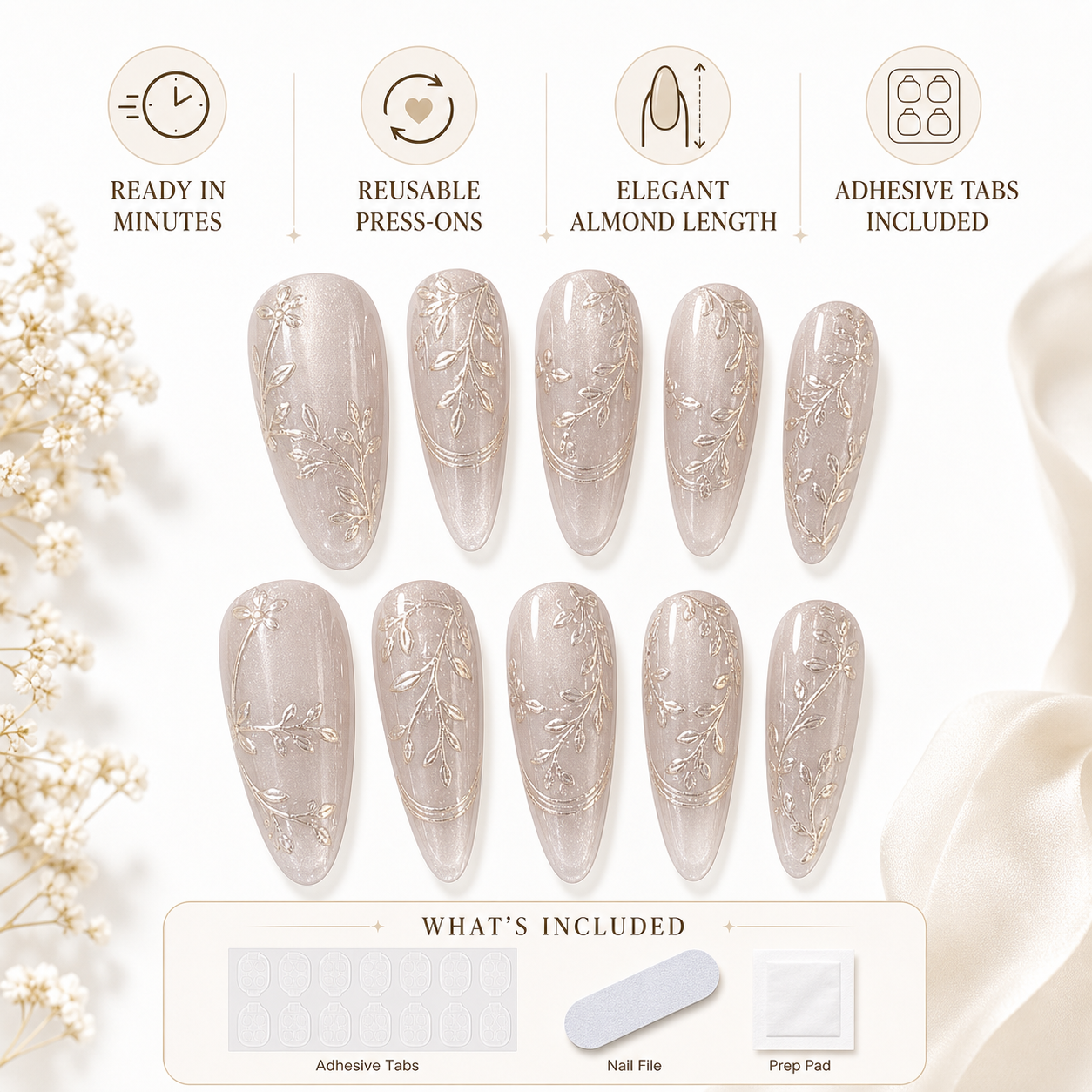 Nude Cat-Eye Pink Bloom — Dimensional Flowers on Velvet Shimmer | Handmade Press-On Nails image 6