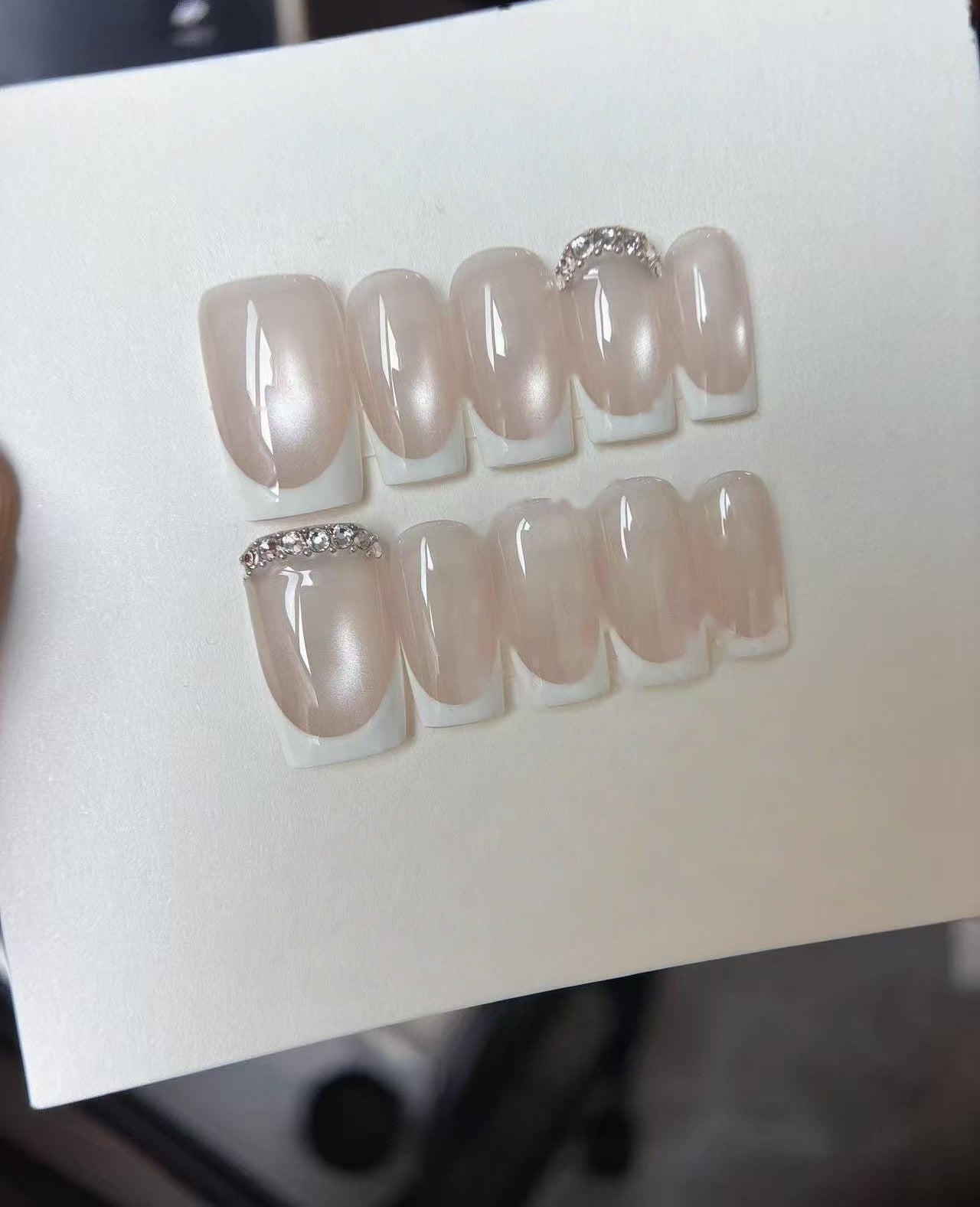 Nude Diamond French — Pearl Sheen with Crystal Rows | Handmade Press-On Nails image 1