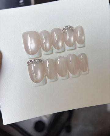 Nude Diamond French — Pearl Sheen with Crystal Rows | Handmade Press-On Nails image 1