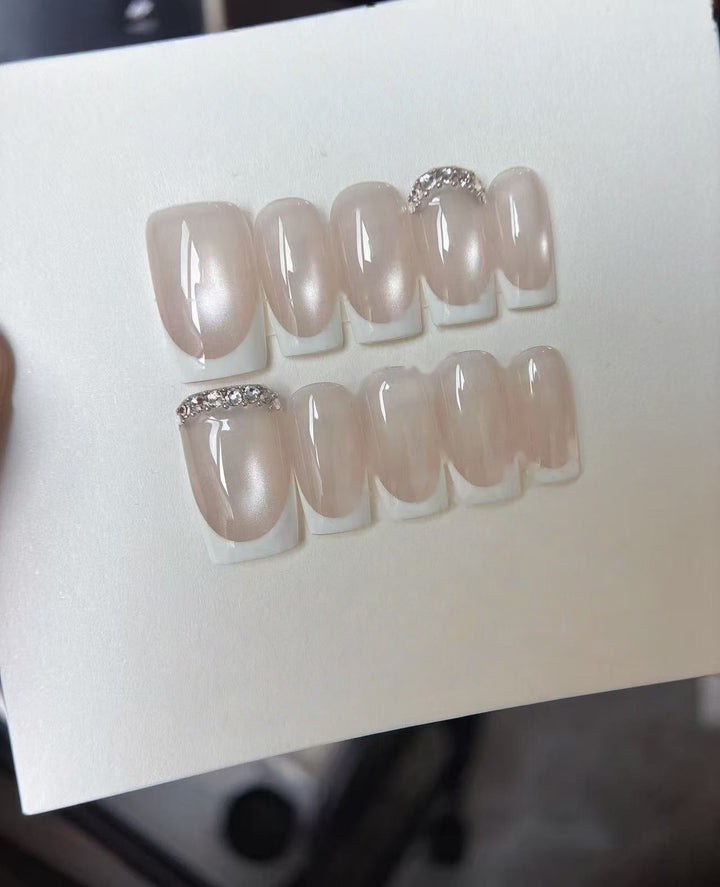 Nude Diamond French — Pearl Sheen with Crystal Rows | Handmade Press-On Nails image 1