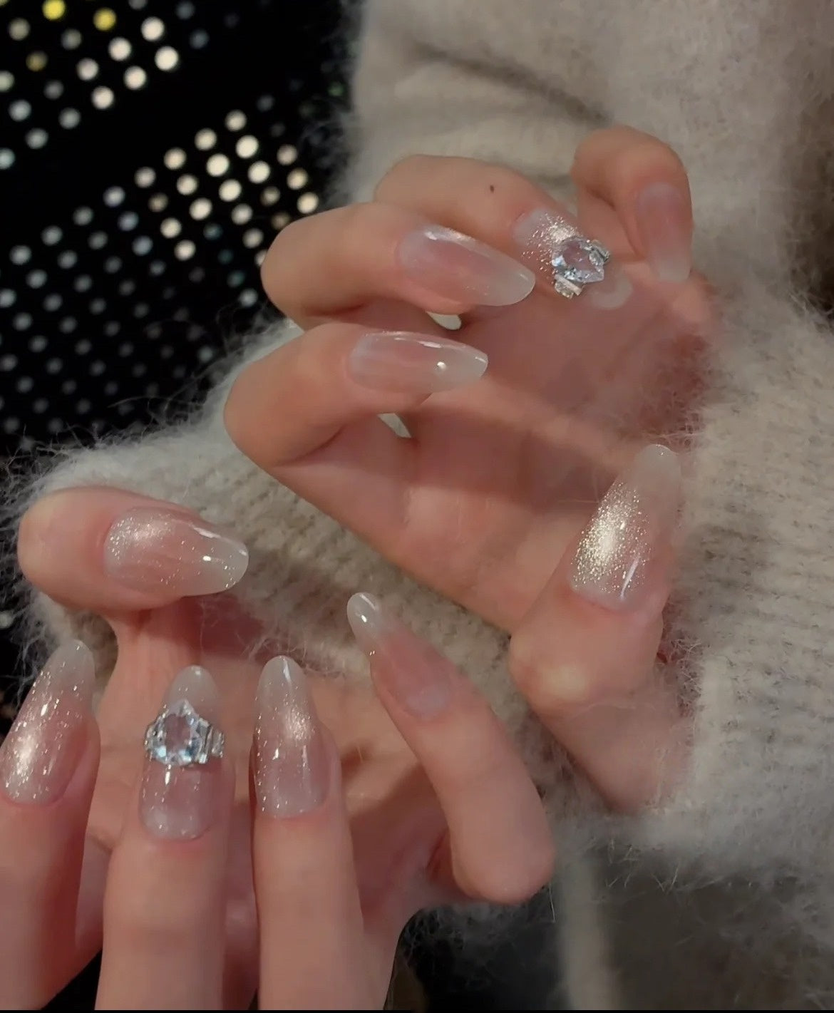 One Carat — Sheer Shimmer with Solitaire Crystals | Handmade Press-On Nails image 4