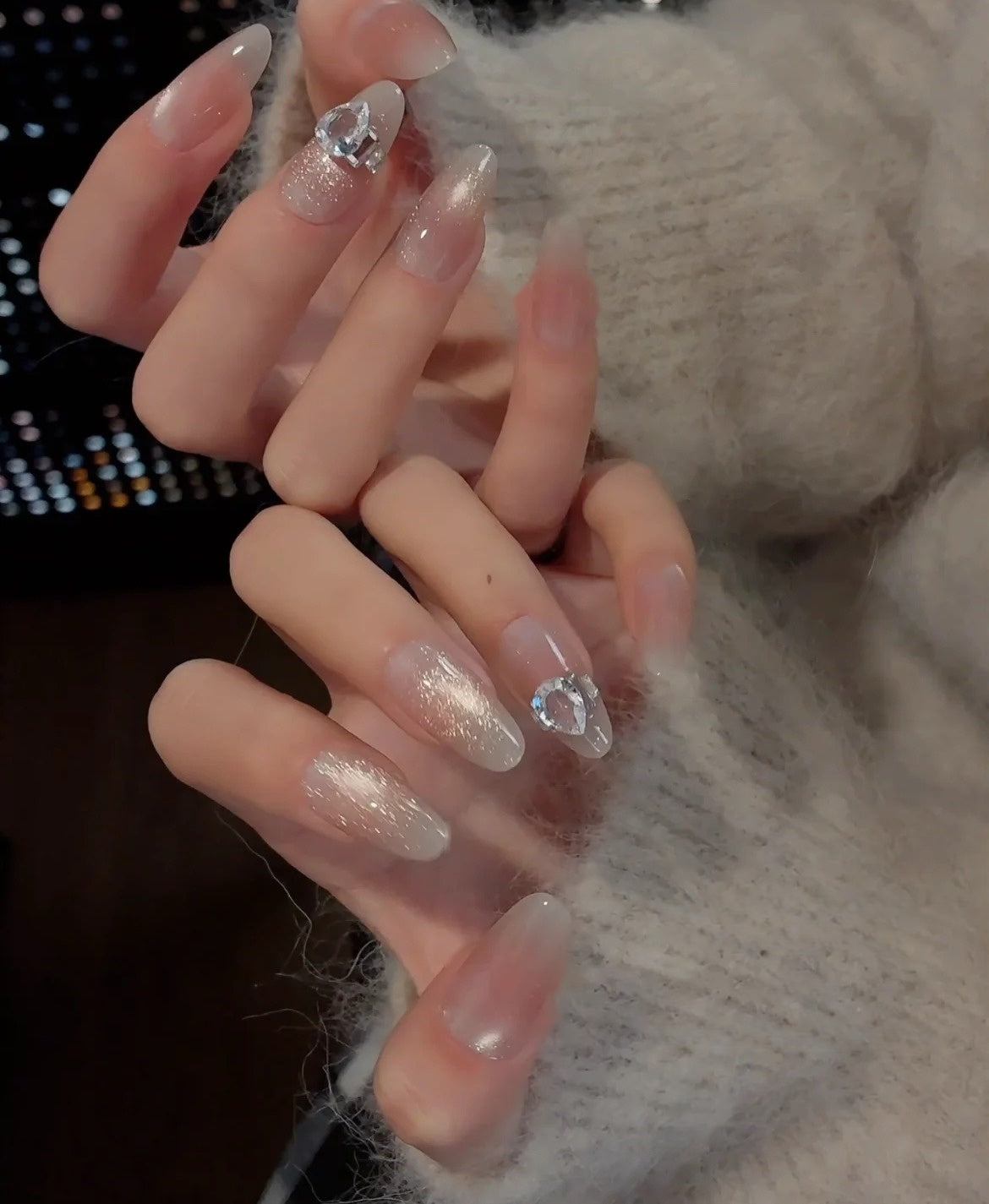 One Carat — Sheer Shimmer with Solitaire Crystals | Handmade Press-On Nails image 5