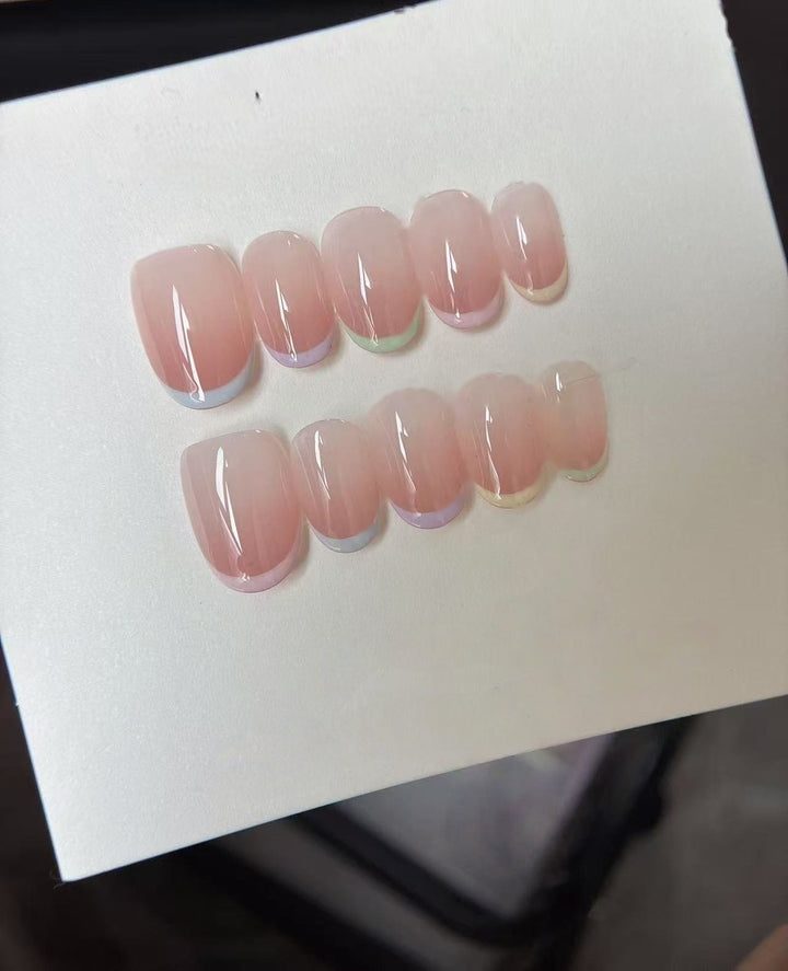 Pastel Rainbow French — Soft Blush with Rainbow Tips | Handmade Press-On Nails image 1