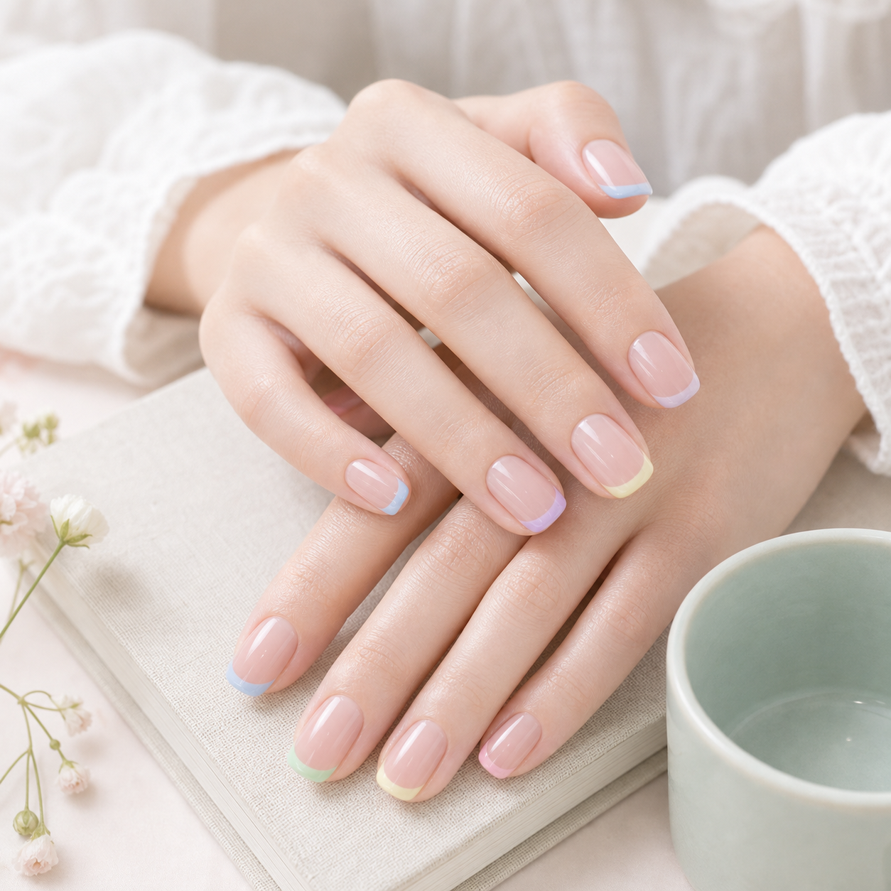 Pastel Rainbow French — Soft Blush with Rainbow Tips | Handmade Press-On Nails image 2