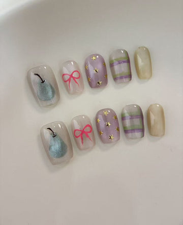 Pear, Bows & Plaid — A Toy-Box of Charms | Handmade Press-On Nails image 1