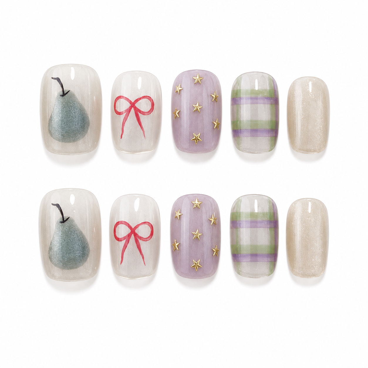 Pear, Bows & Plaid — A Toy-Box of Charms | Handmade Press-On Nails image 1