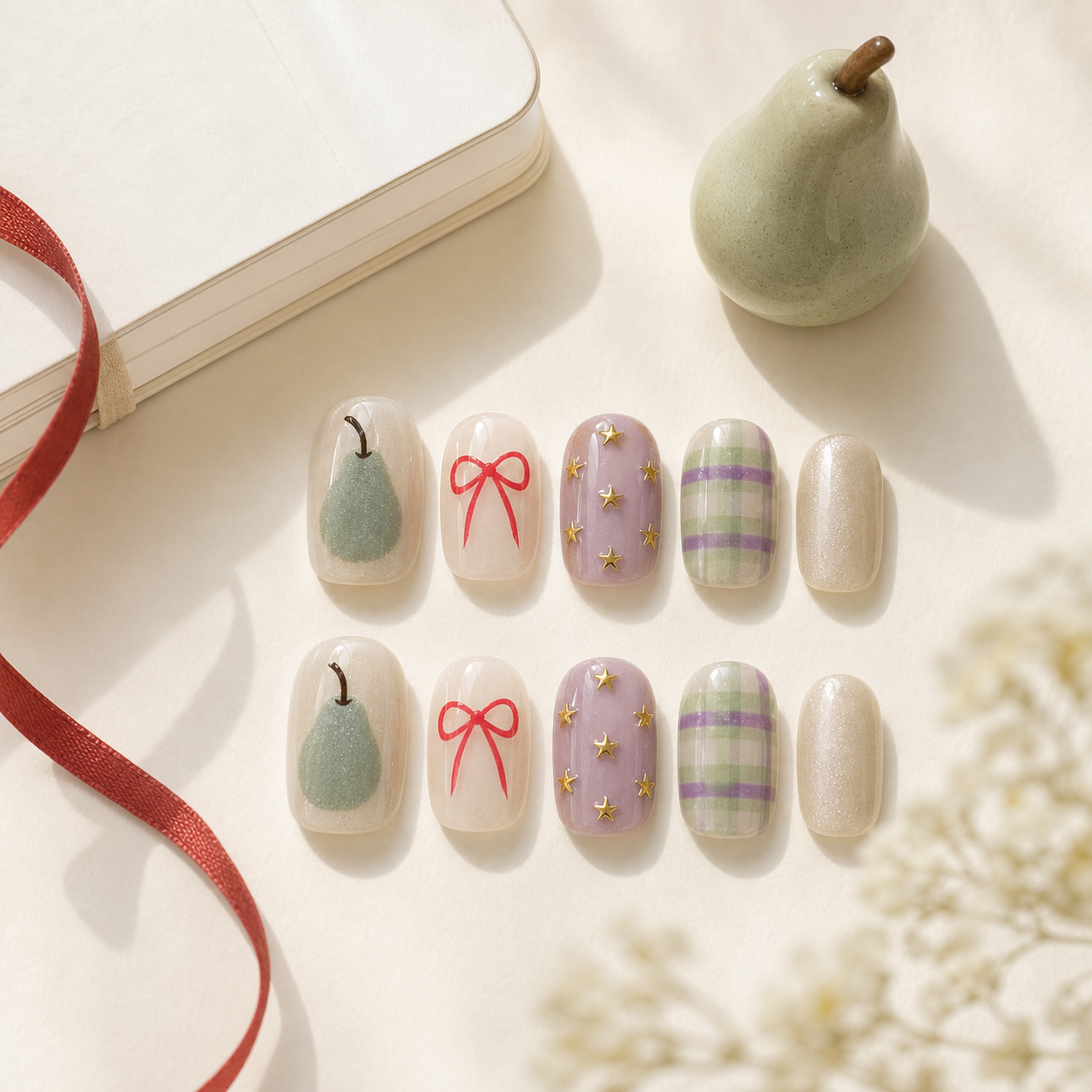 Pear, Bows & Plaid — A Toy-Box of Charms | Handmade Press-On Nails image 4