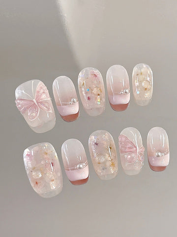 Pink Dried-Flower Butterfly — Pressed Petals Taking Wing | Handmade Press-On Nails image 1