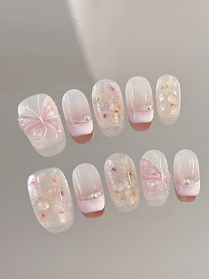 Pink Dried-Flower Butterfly — Pressed Petals Taking Wing | Handmade Press-On Nails image 1