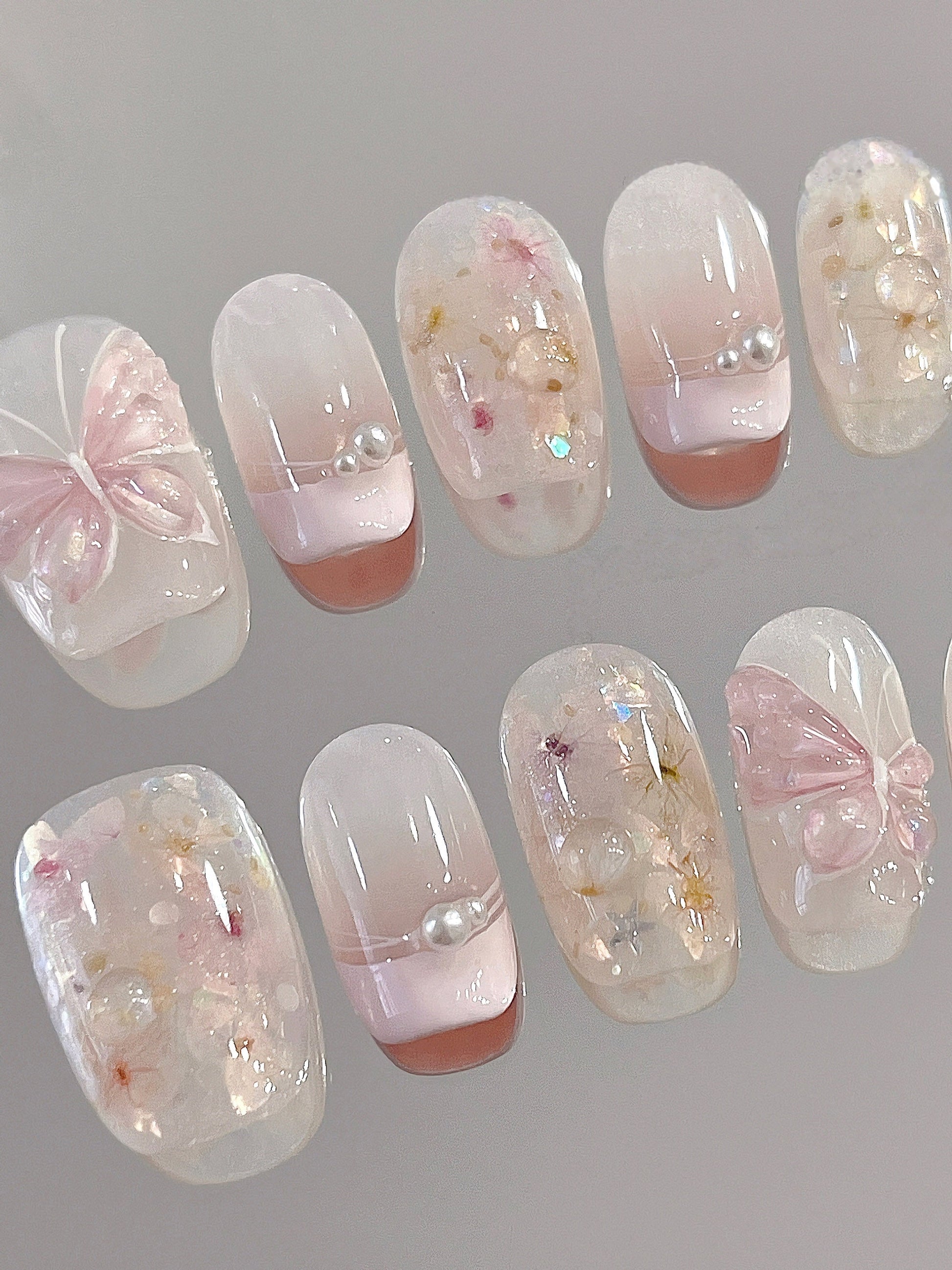 Pink Dried-Flower Butterfly — Pressed Petals Taking Wing | Handmade Press-On Nails image 2