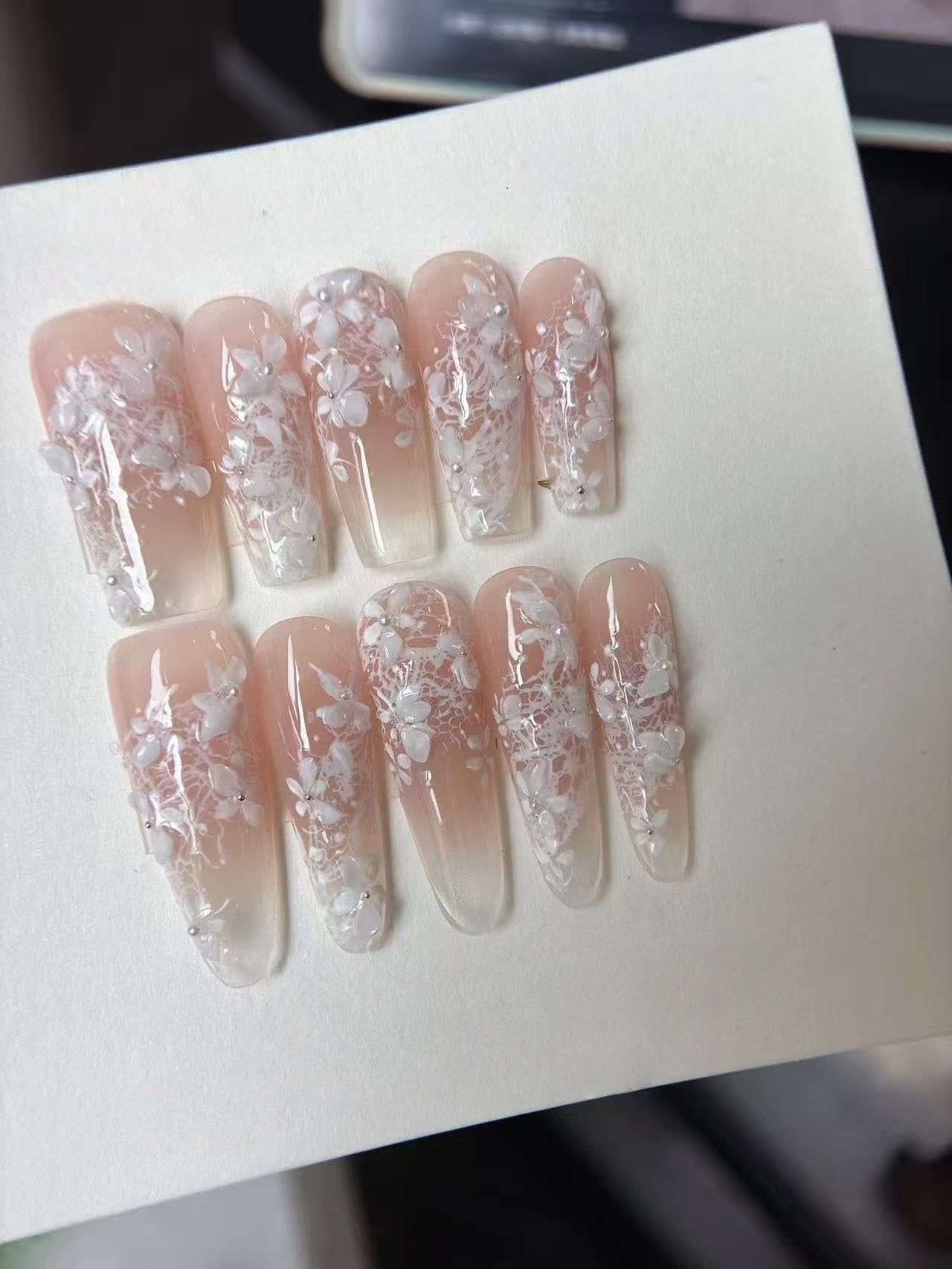 Pink Lace Bloom — White Lace over Nude Ombré | Handmade Press-On Nails image 1