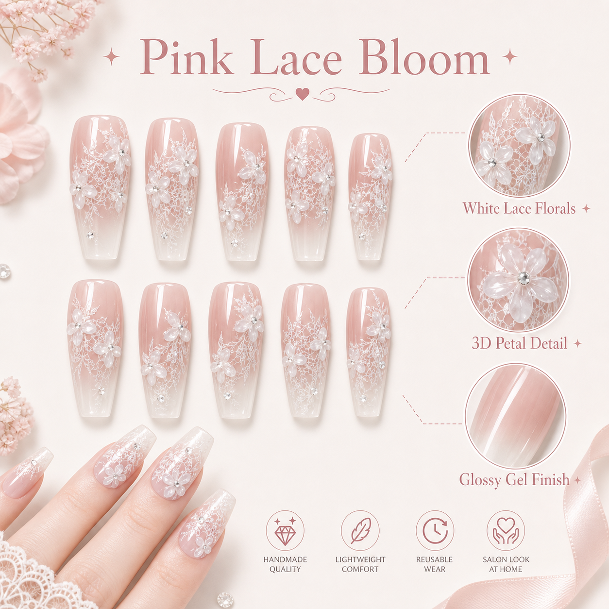 Pink Lace Bloom — White Lace over Nude Ombré | Handmade Press-On Nails image 5