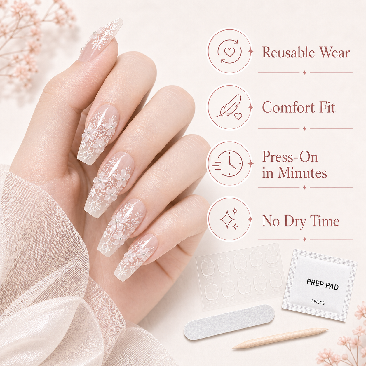 Pink Lace Bloom — White Lace over Nude Ombré | Handmade Press-On Nails image 6
