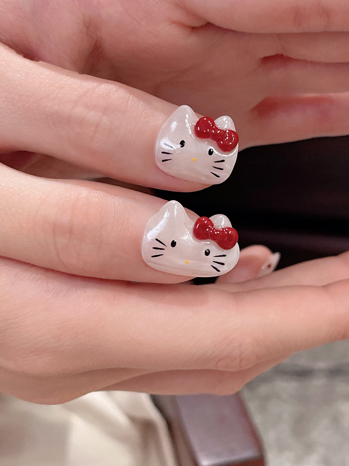 Red Bow Kitty — Glitter, Dots & Kitty Charm | Handmade Press-On Nails image 1