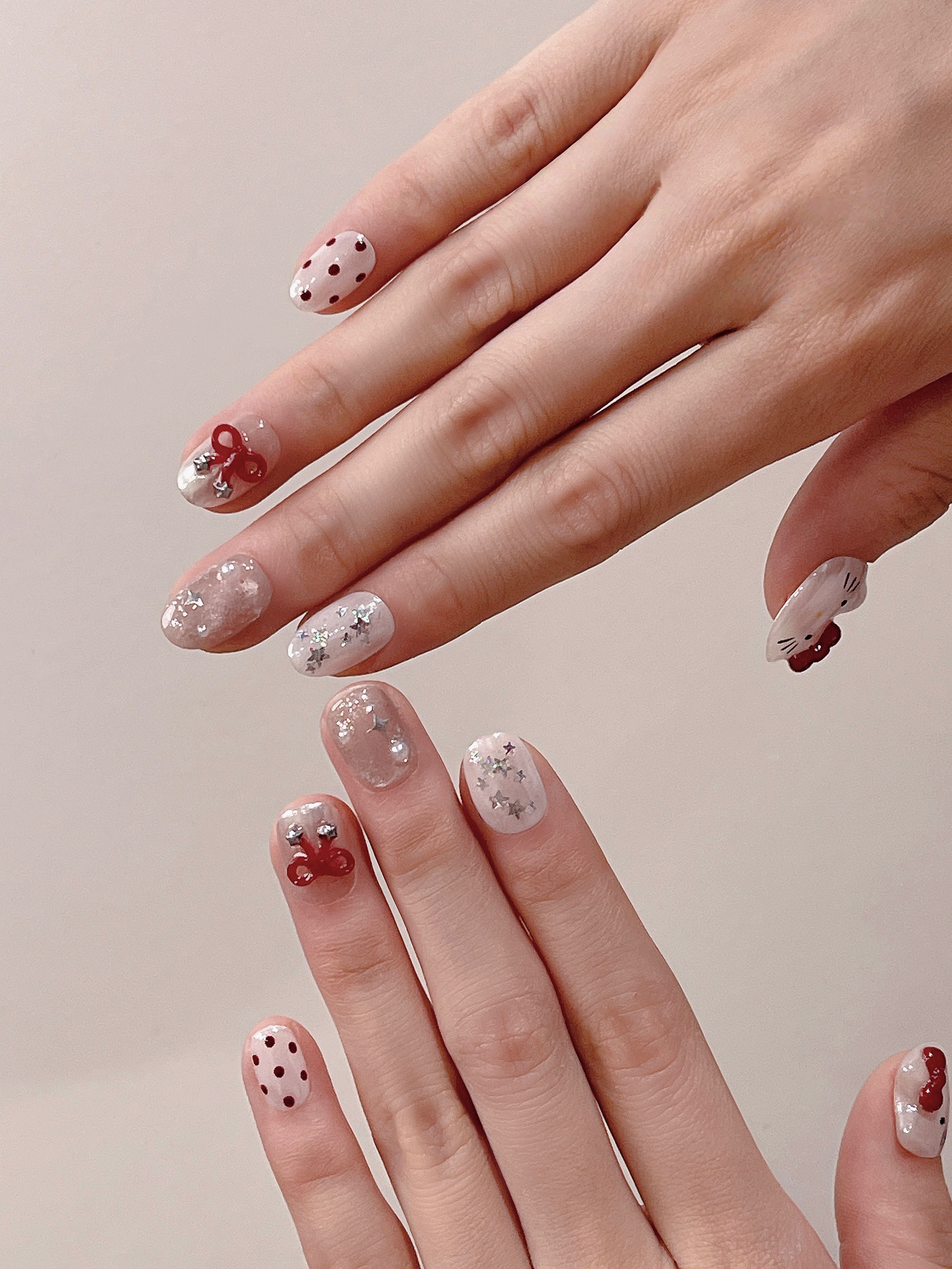 Red Bow Kitty — Glitter, Dots & Kitty Charm | Handmade Press-On Nails image 3