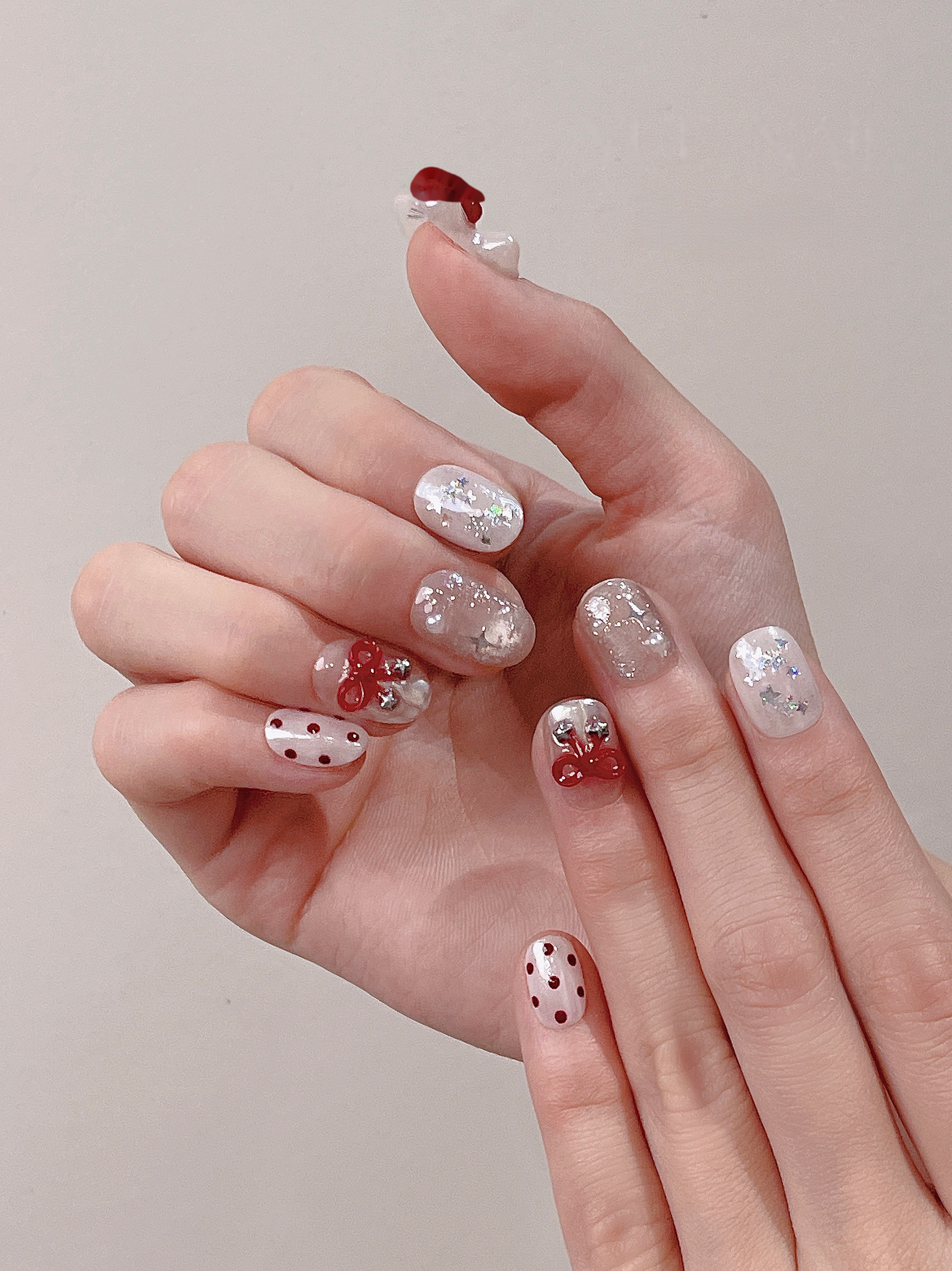Red Bow Kitty — Glitter, Dots & Kitty Charm | Handmade Press-On Nails image 4