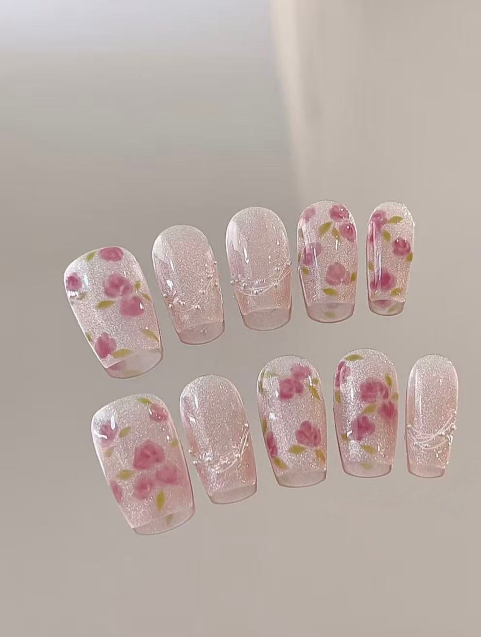 Rose Cat-Eye — Petal Print with Living Shimmer | Handmade Press-On Nails image 1