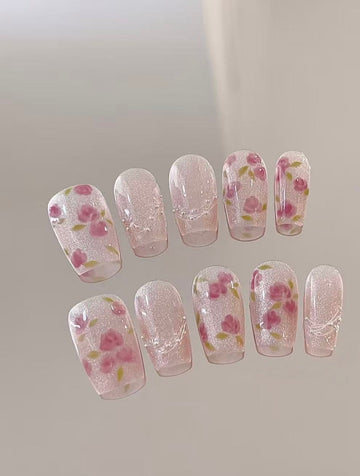 Rose Cat-Eye — Petal Print with Living Shimmer | Handmade Press-On Nails image 1