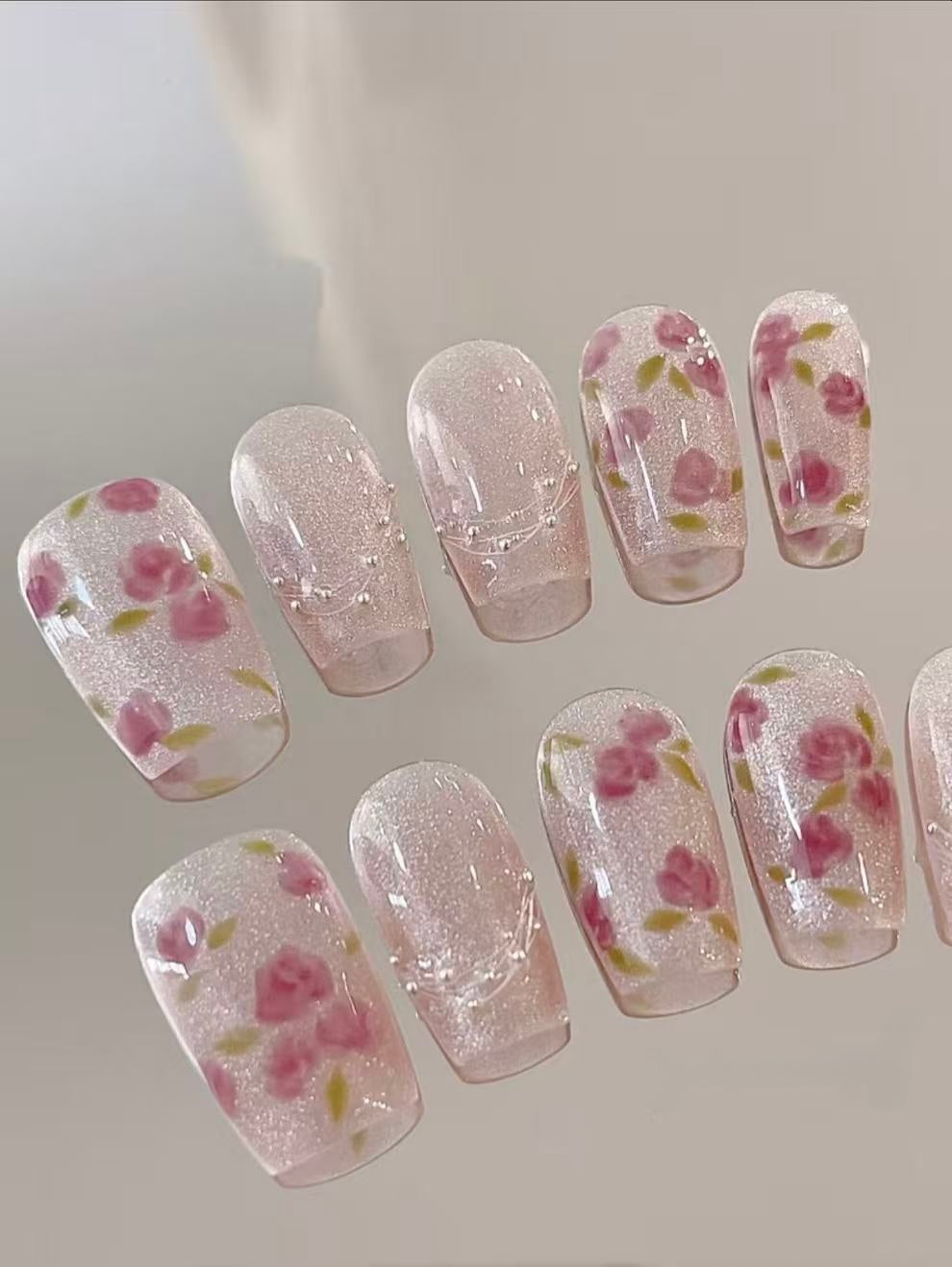 Rose Cat-Eye — Petal Print with Living Shimmer | Handmade Press-On Nails image 3
