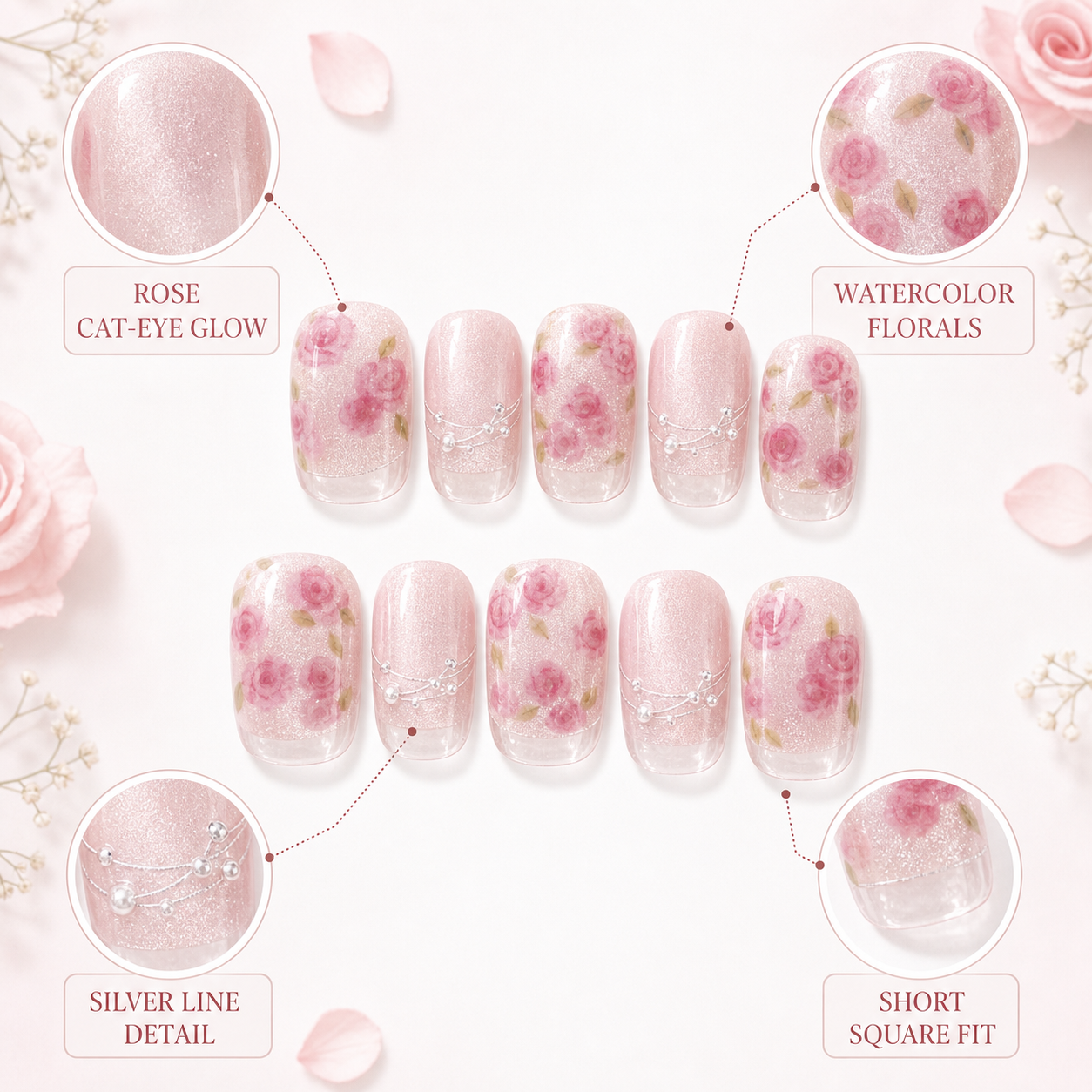Rose Cat-Eye — Petal Print with Living Shimmer | Handmade Press-On Nails image 4