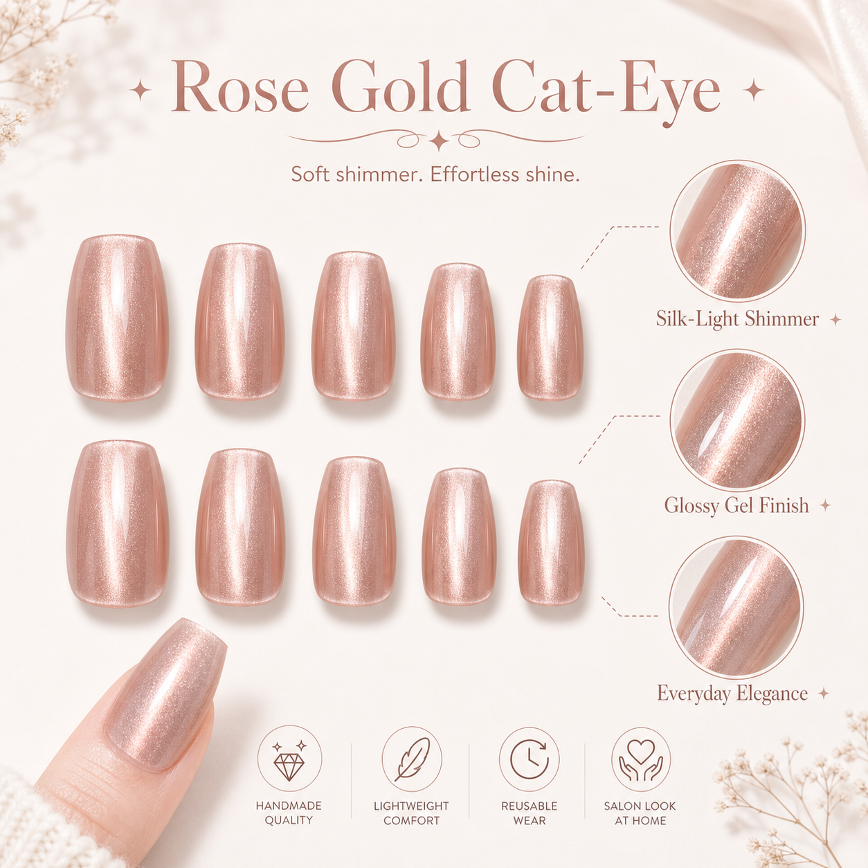 Rose Gold Cat-Eye — Silk-Light Metallic Shimmer | Handmade Press-On Nails image 5