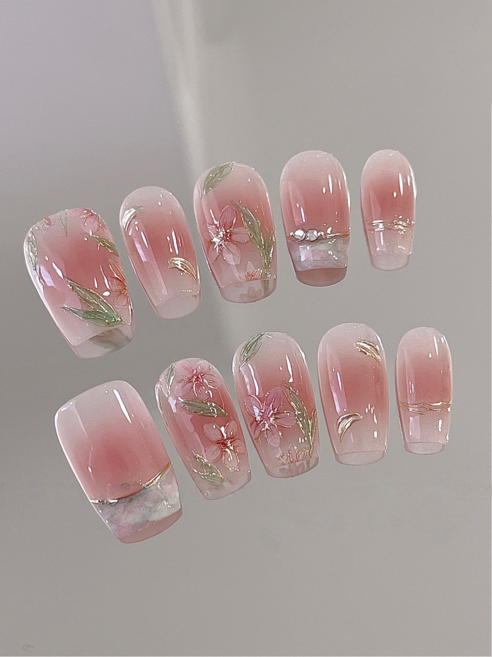 Spring Into Summer — Peach French with Painted Blooms | Handmade Press-On Nails image 1