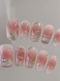 Spring Into Summer — Peach French with Painted Blooms | Handmade Press-On Nails image 2