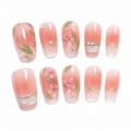 Spring Into Summer — Peach French with Painted Blooms | Handmade Press-On Nails image 1