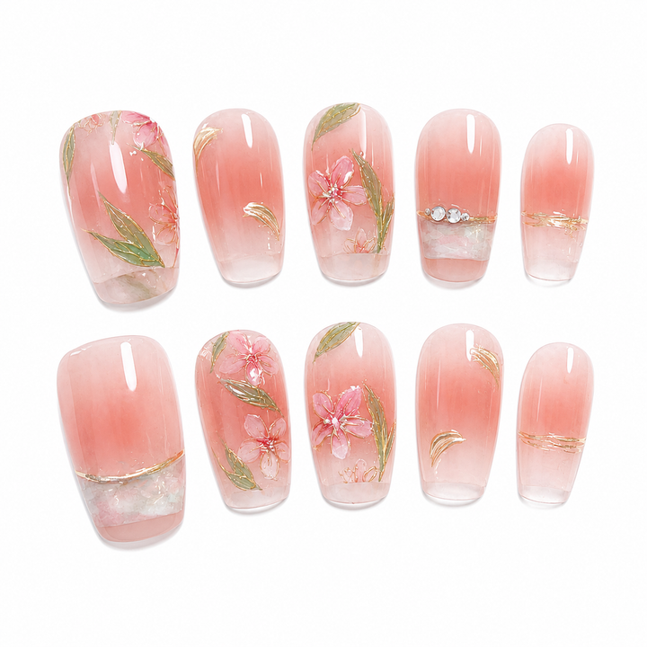 Spring Into Summer — Peach French with Painted Blooms | Handmade Press-On Nails image 1