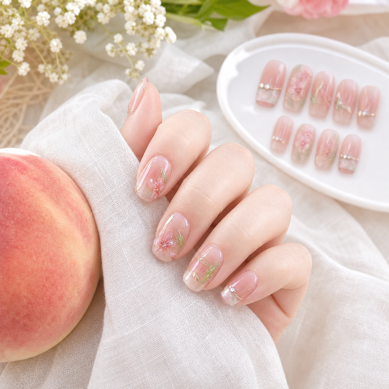 Spring Into Summer — Peach French with Painted Blooms | Handmade Press-On Nails image 4