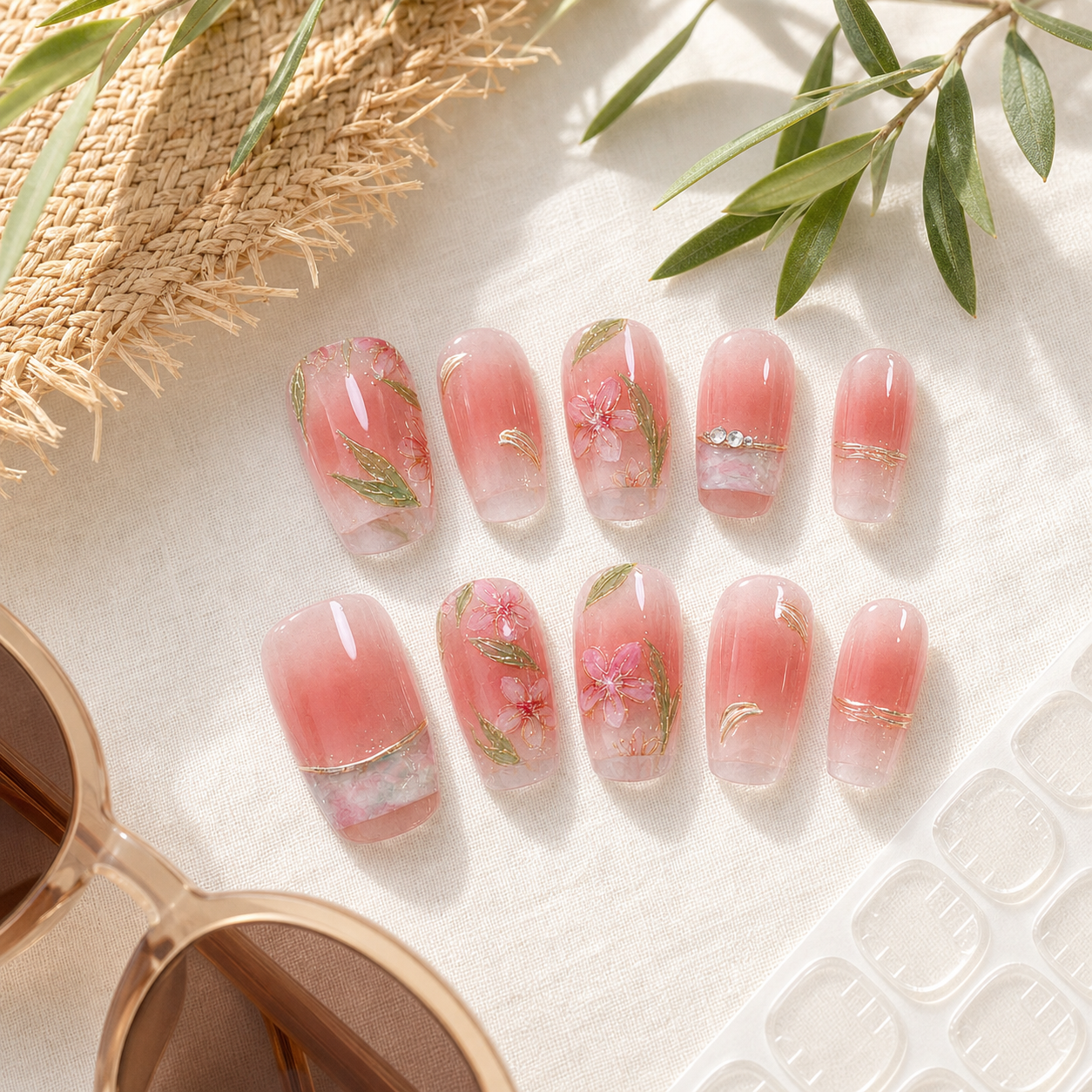 Spring Into Summer — Peach French with Painted Blooms | Handmade Press-On Nails image 5