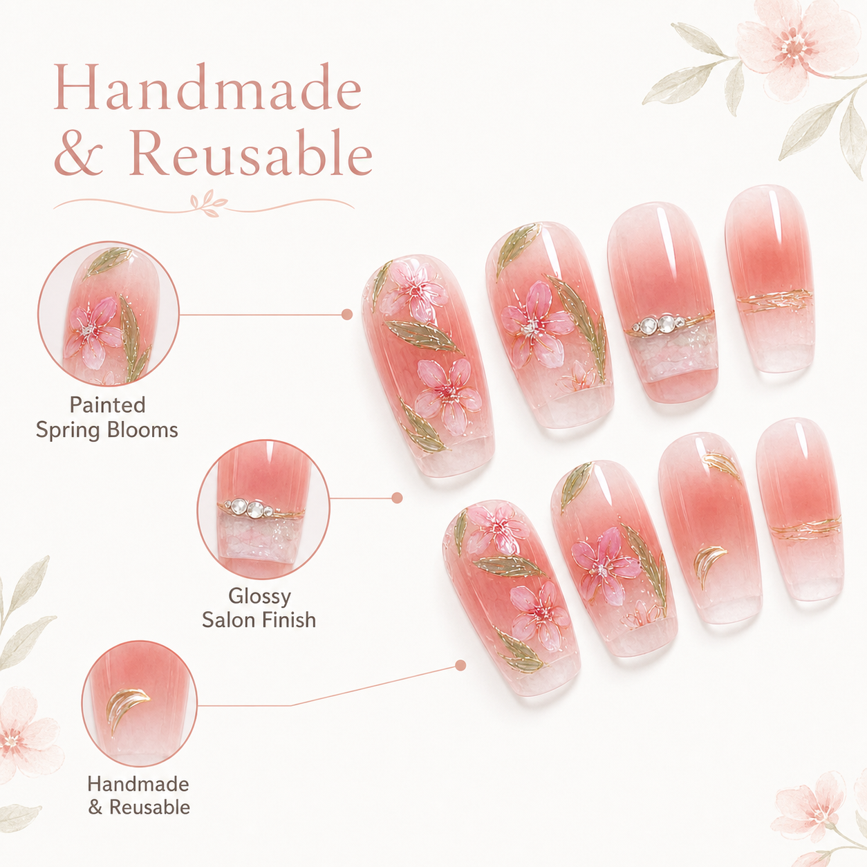 Spring Into Summer — Peach French with Painted Blooms | Handmade Press-On Nails image 6