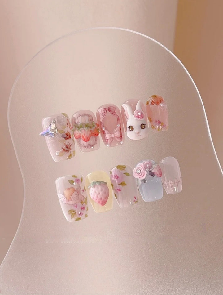 Strawberry Bunny — Storybook Berries & Bunny Art | Handmade Press-On Nails image 1