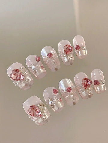 Studded Hearts — Chrome Hearts & Micro Beads on Pink | Handmade Press-On Nails image 1