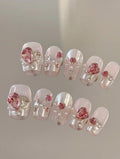 Studded Hearts — Chrome Hearts & Micro Beads on Pink | Handmade Press-On Nails image 2