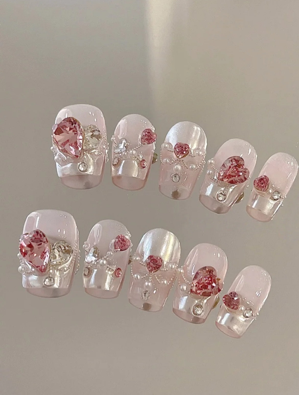 Studded Hearts — Chrome Hearts & Micro Beads on Pink | Handmade Press-On Nails image 2