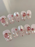 Studded Hearts — Chrome Hearts & Micro Beads on Pink | Handmade Press-On Nails image 3