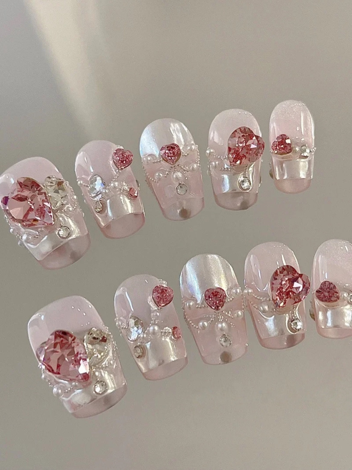 Studded Hearts — Chrome Hearts & Micro Beads on Pink | Handmade Press-On Nails image 3