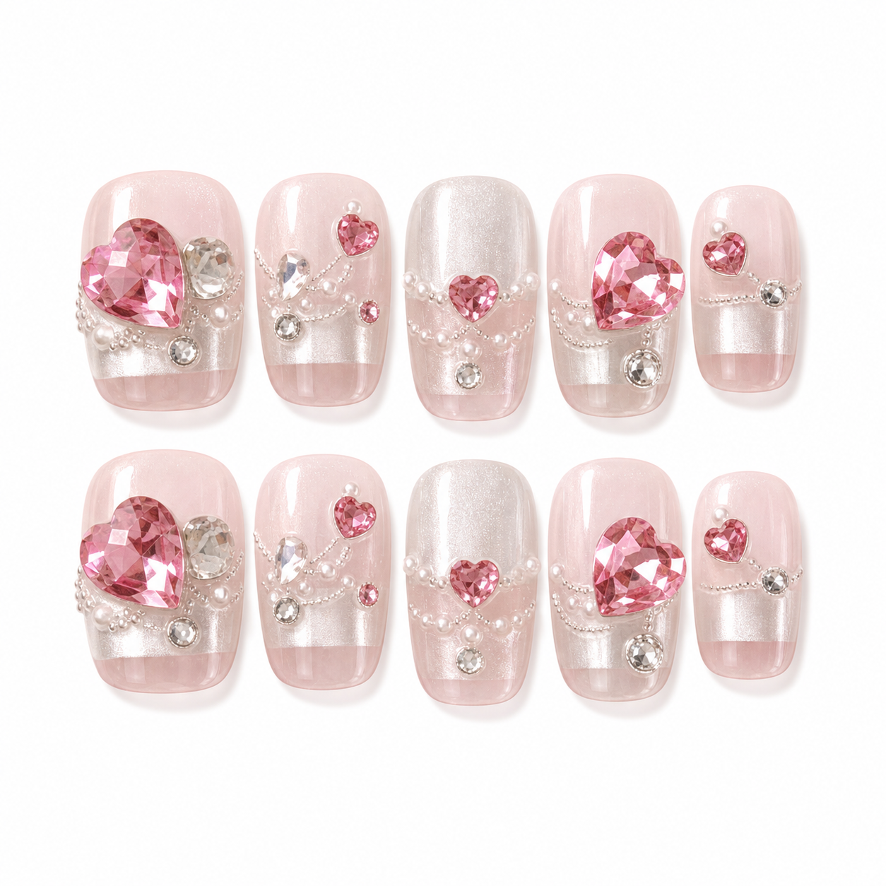 Studded Hearts — Chrome Hearts & Micro Beads on Pink | Handmade Press-On Nails image 1