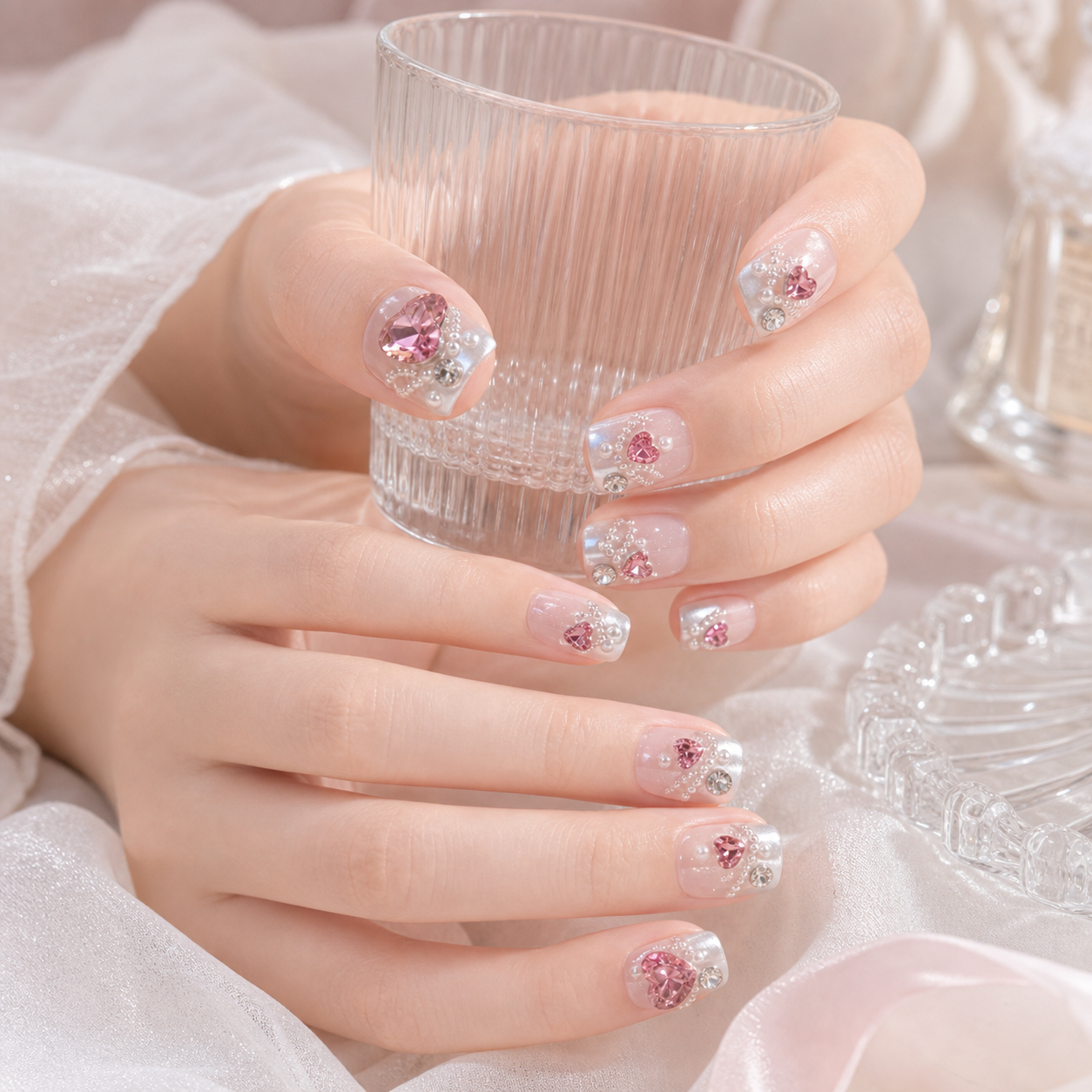 Studded Hearts — Chrome Hearts & Micro Beads on Pink | Handmade Press-On Nails image 2