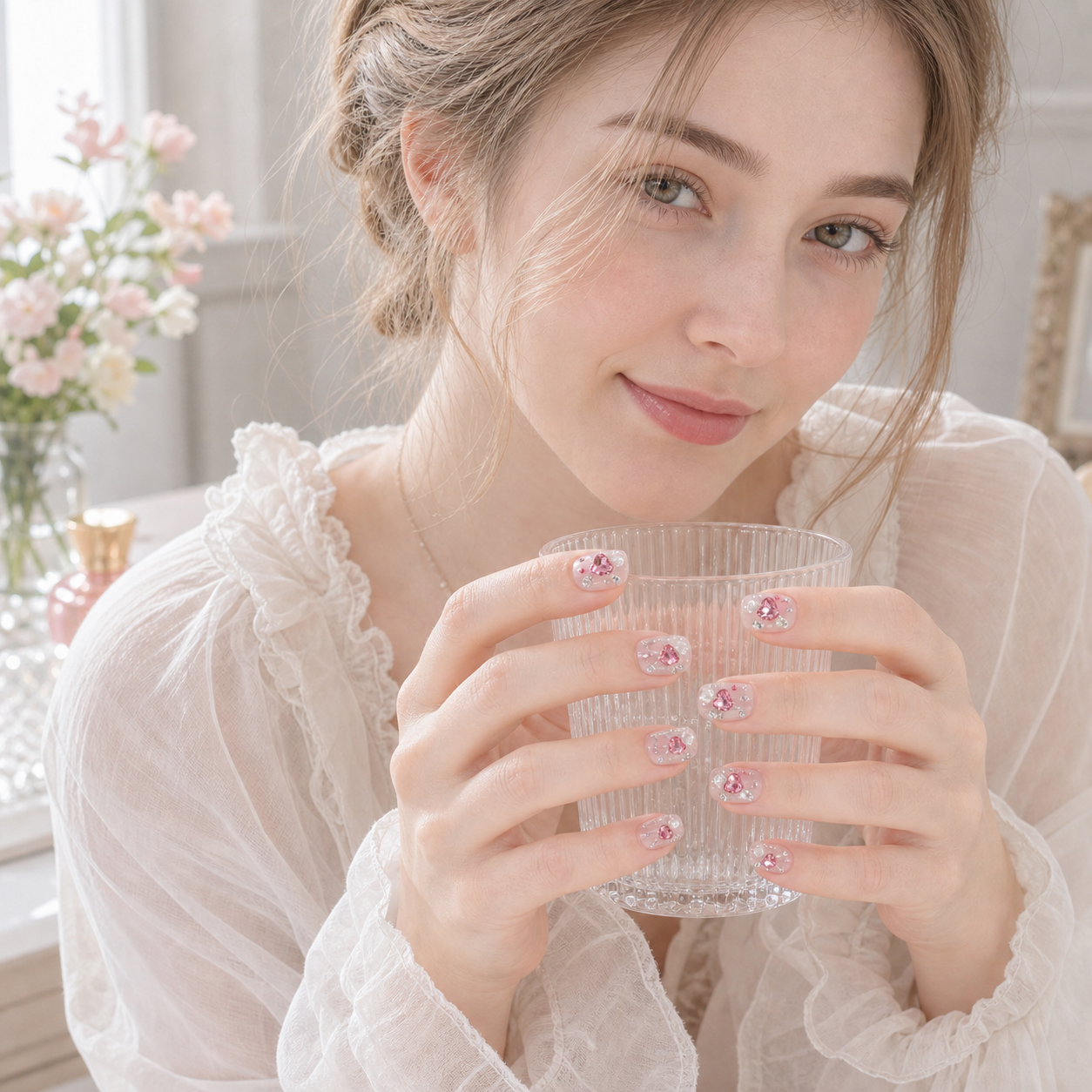 Studded Hearts — Chrome Hearts & Micro Beads on Pink | Handmade Press-On Nails image 3