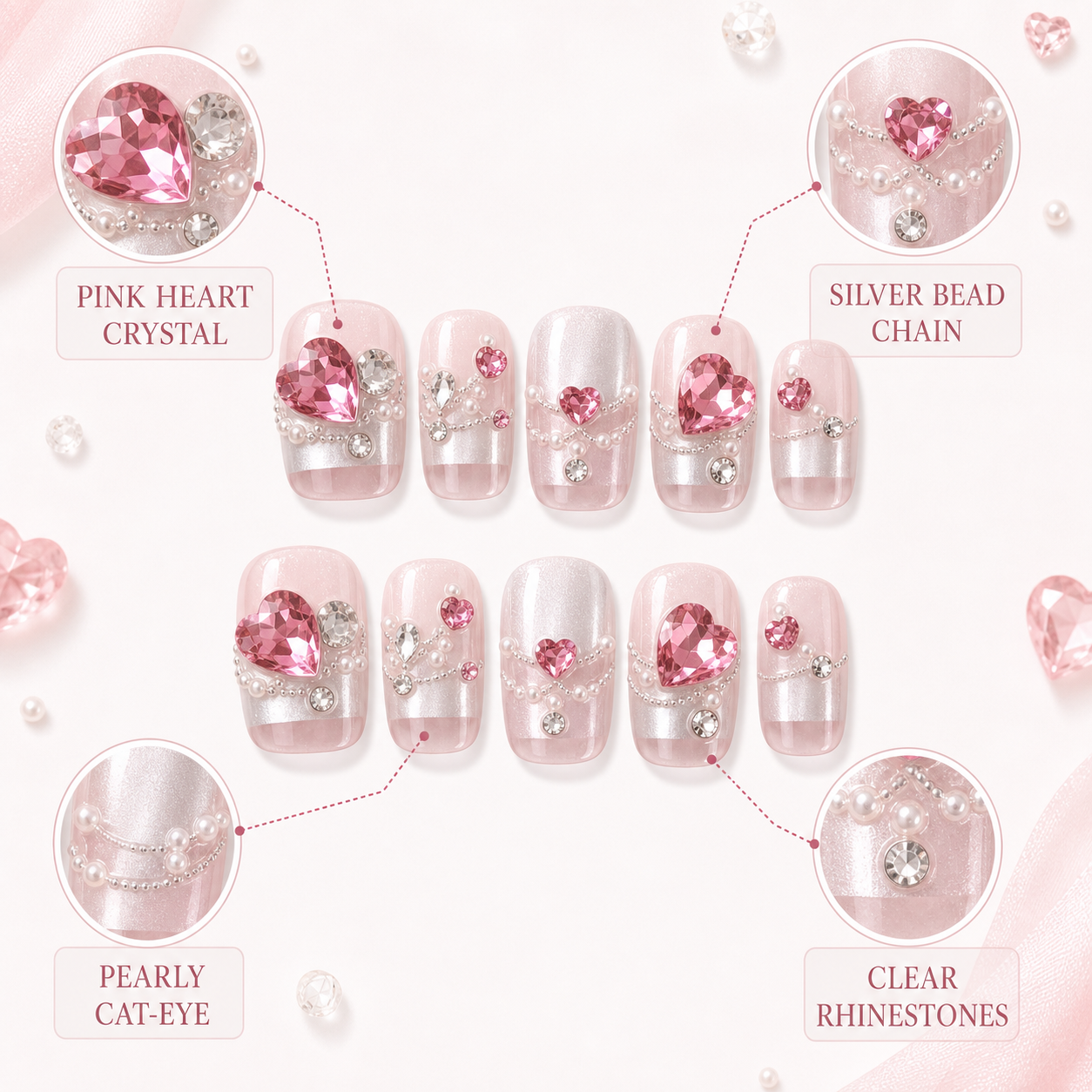 Studded Hearts — Chrome Hearts & Micro Beads on Pink | Handmade Press-On Nails image 5