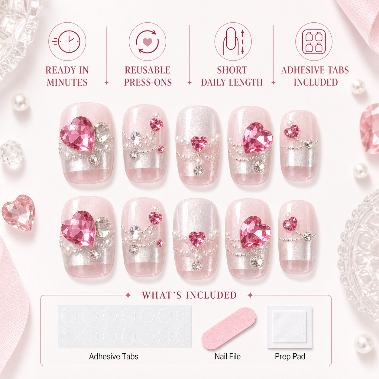 Studded Hearts — Chrome Hearts & Micro Beads on Pink | Handmade Press-On Nails image 6