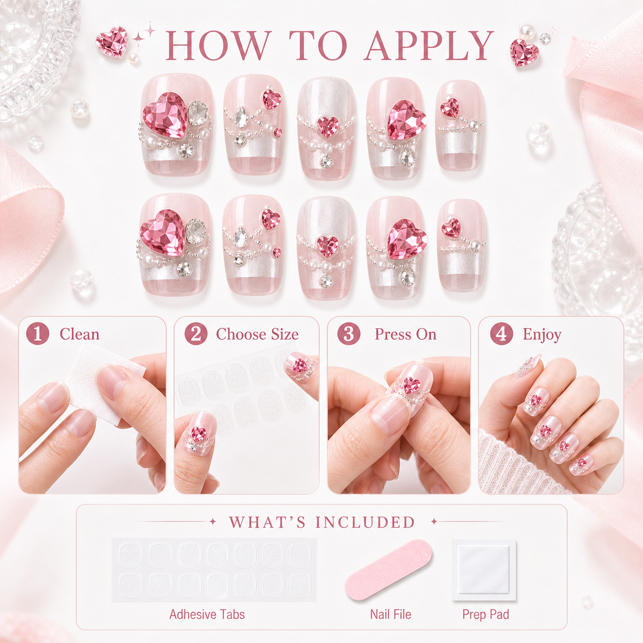 Studded Hearts — Chrome Hearts & Micro Beads on Pink | Handmade Press-On Nails image 7