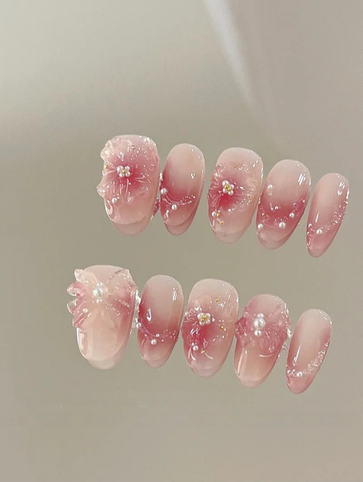 Sun-Kissed Bow — Rose Ombré with Sculpted Bows | Handmade Press-On Nails image 1