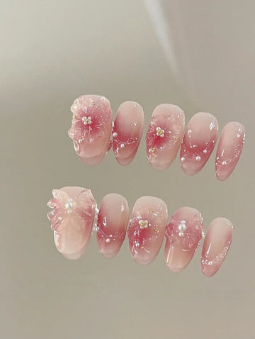Sun-Kissed Bow — Rose Ombré with Sculpted Bows | Handmade Press-On Nails image 1