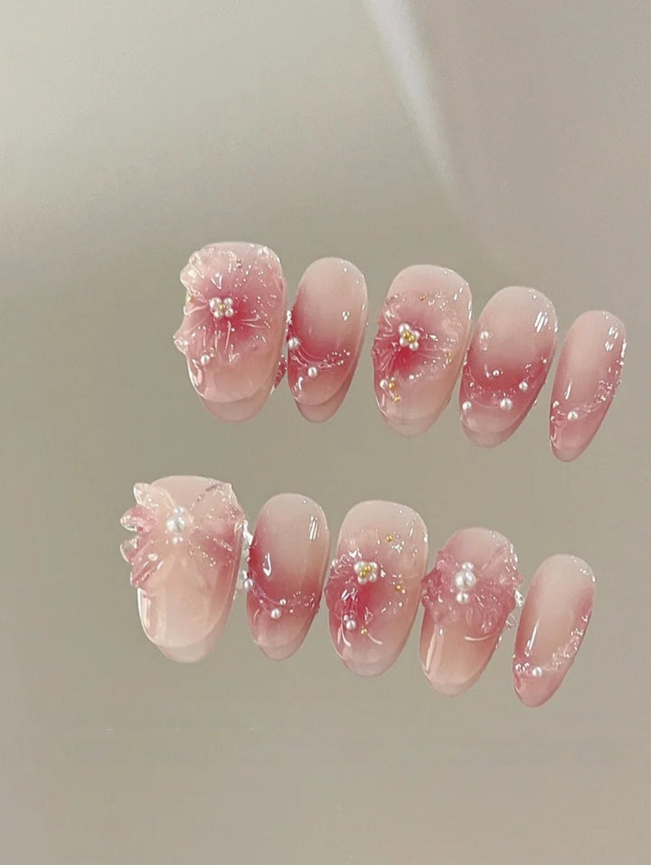Sun-Kissed Bow — Rose Ombré with Sculpted Bows | Handmade Press-On Nails image 1
